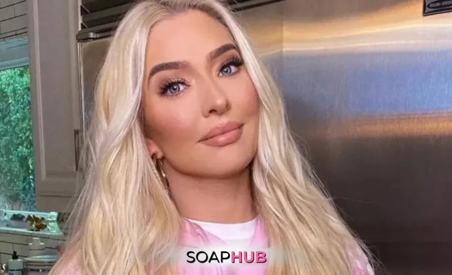 The Real Housewives of Beverly Hills Erika Jayne with the Soap Hub logo.