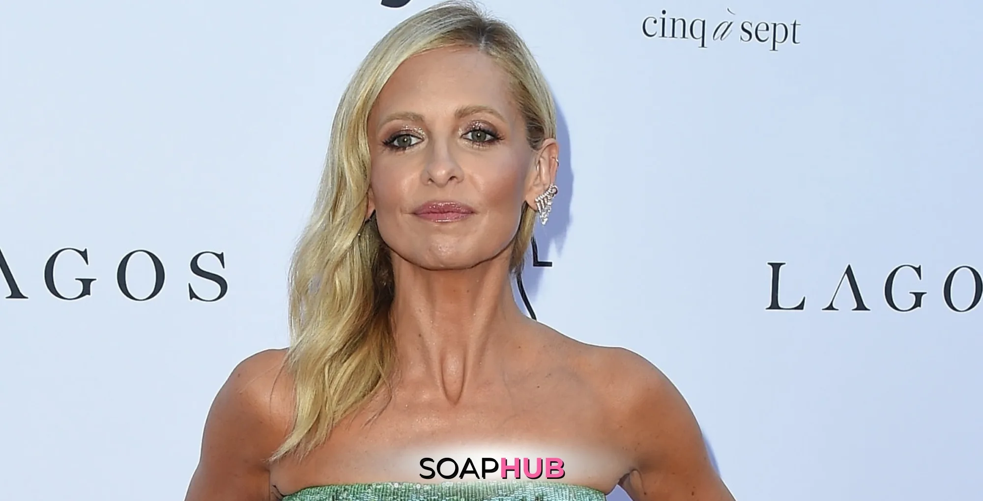 TV and moviie icon Sarah Michelle Gellar, with Soap Hub Logo