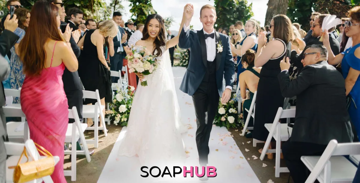 The Young and the Restless alum Kelsey Wang and her husband Max Gordon at their wedding with the Soap Hub logo.