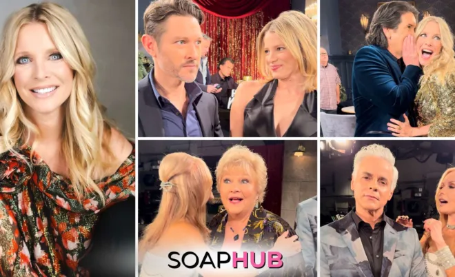 The Young and the Restless Lauralee Bell, Michael Graziadei, Allison Lanier, Michael Damian, Tracey Bregman, Beth Maitland, and Christian Le Blanc with the Soap Hub logo.