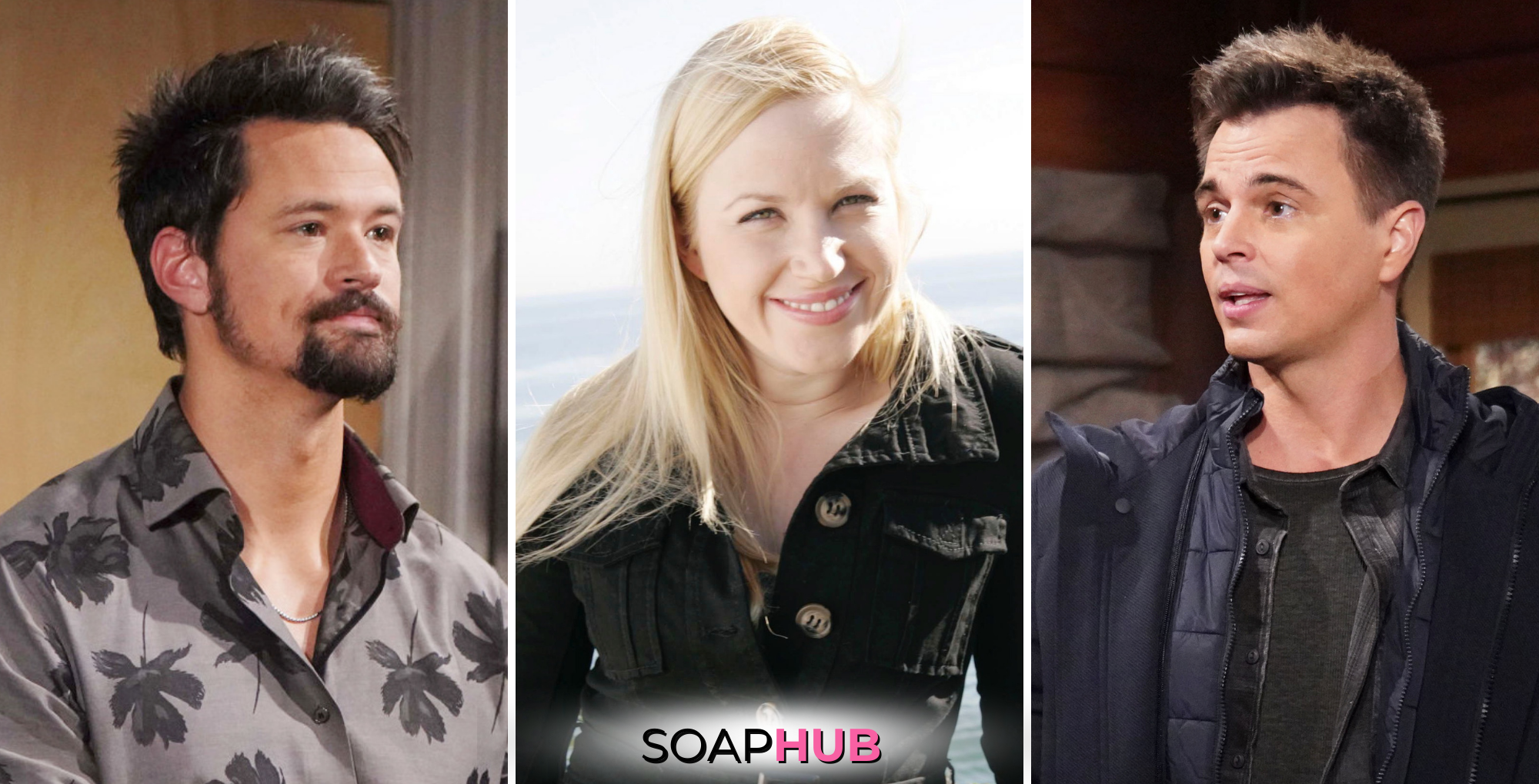 Bold and the Beautiful's Matthew Atkinson, Adrienne Frantz, and Darin Brooks, with the soaphub logo.