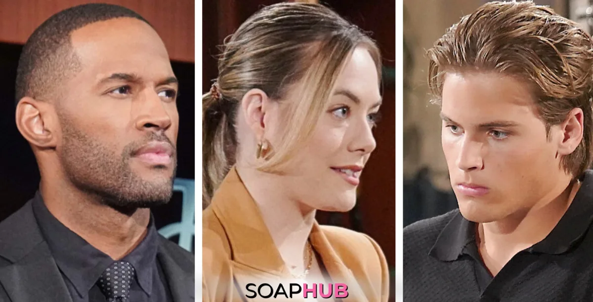 Weekly Bold and the Beautiful Spoilers December 23-27 Feature Carter, Hope and Will with the Soap Hub Logo Across the Bottom.