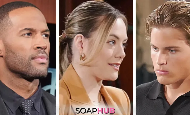 Weekly Bold and the Beautiful Spoilers December 23-27 Feature Carter, Hope and Will with the Soap Hub Logo Across the Bottom.