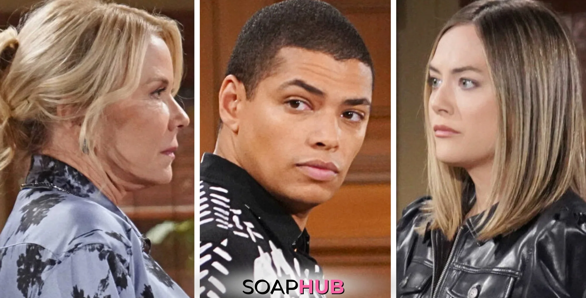 Weekly Bold and the Beautiful Spoilers December 9-13 Feature Brooke, Zende and Hope with the Soap Hub Logo Across the Bottom.