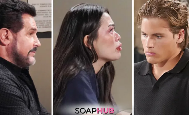 Weekly Bold and the Beautiful Spoilers December 30 - January 3 Feature Bill, Luna and Will with the Soap Hub Logo Across the Bottom.