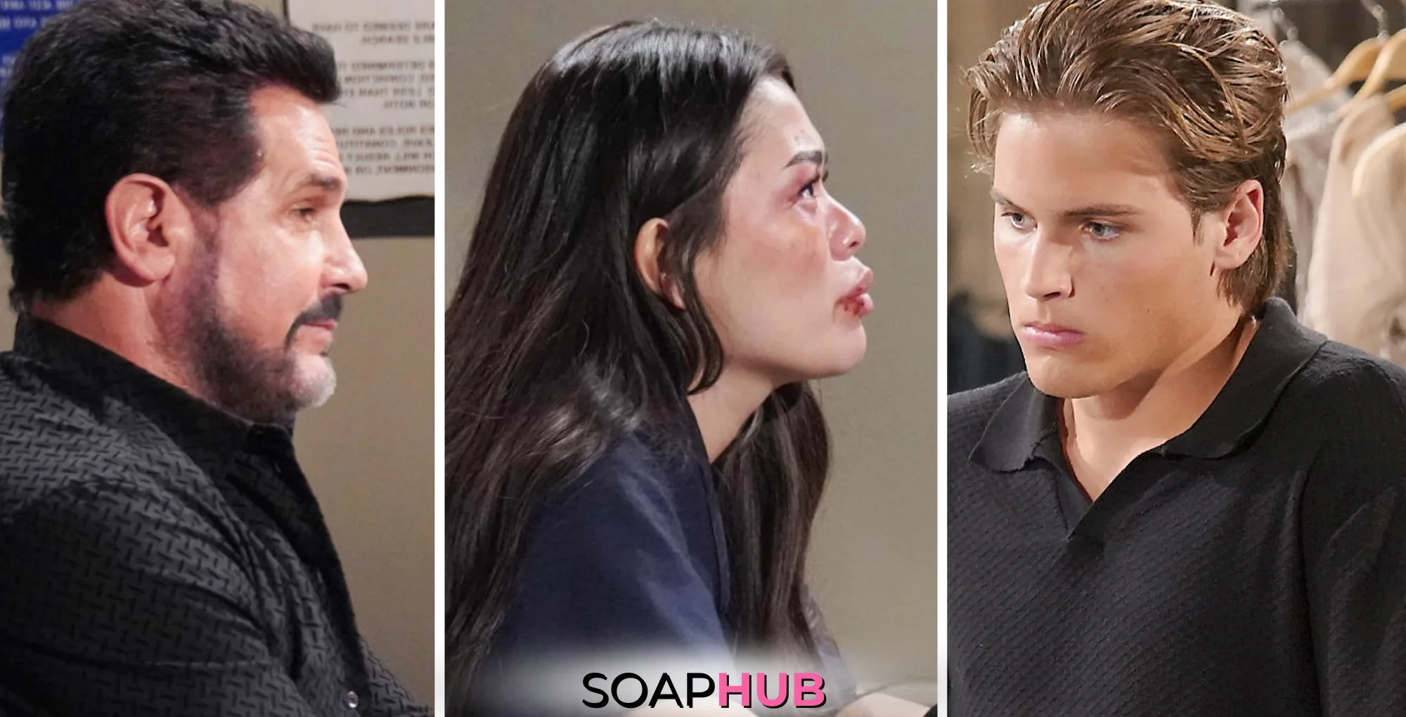 Weekly Bold and the Beautiful Spoilers December 30 - January 3 Feature Bill, Luna and Will with the Soap Hub Logo Across the Bottom.