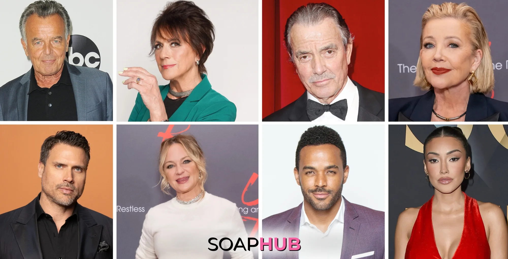 Young and the Restless Ray Wise, Colleen Zenk, Eric Braeden, Melody Thomas Scott, Joshua Morrow, Sharon Case, Sean Dominic, and Zuleyka Silver with the Soap Hub logo.