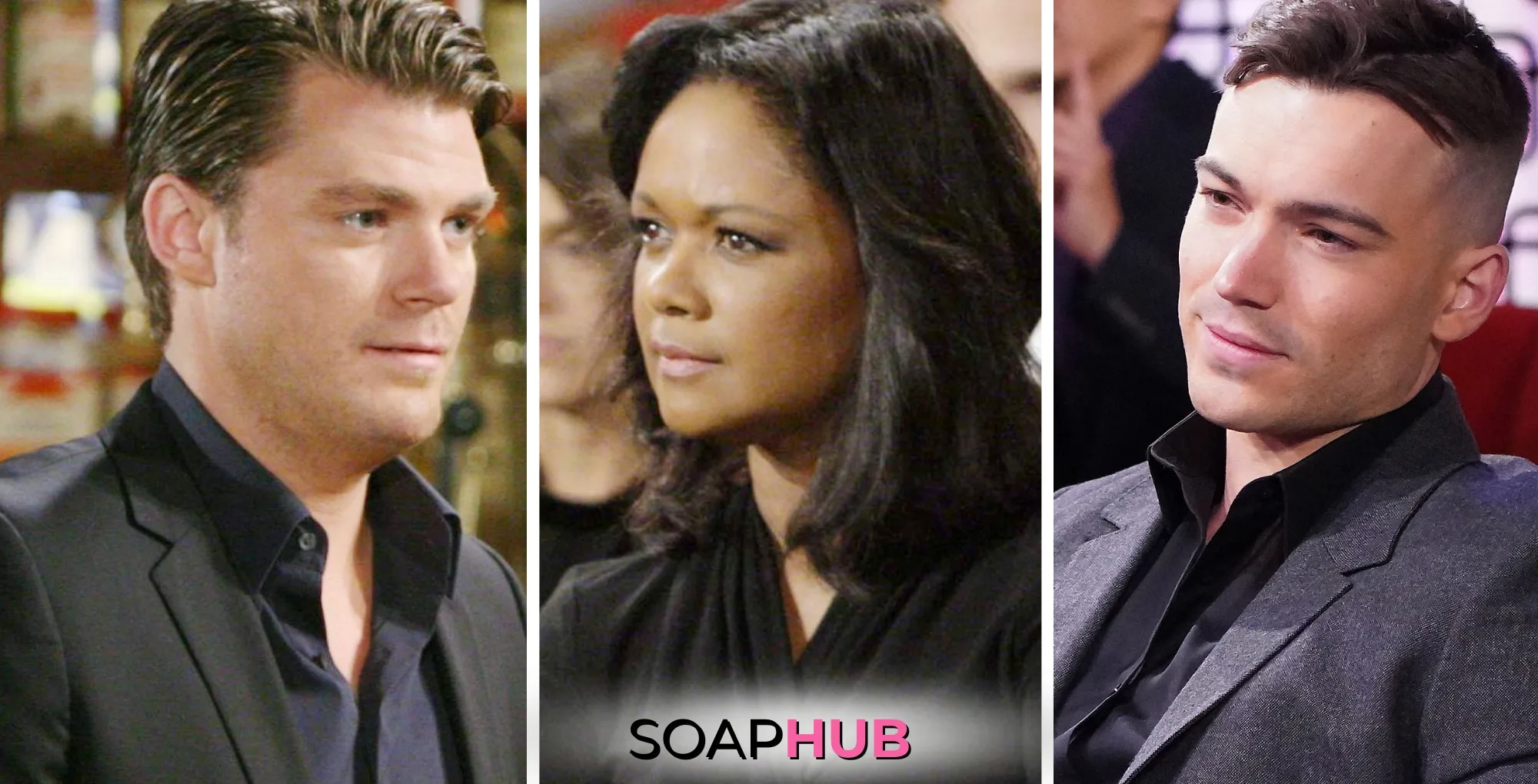 The Young and the Restless characters Ronan, Olivia, and Noah; with the Soap Hub logo.