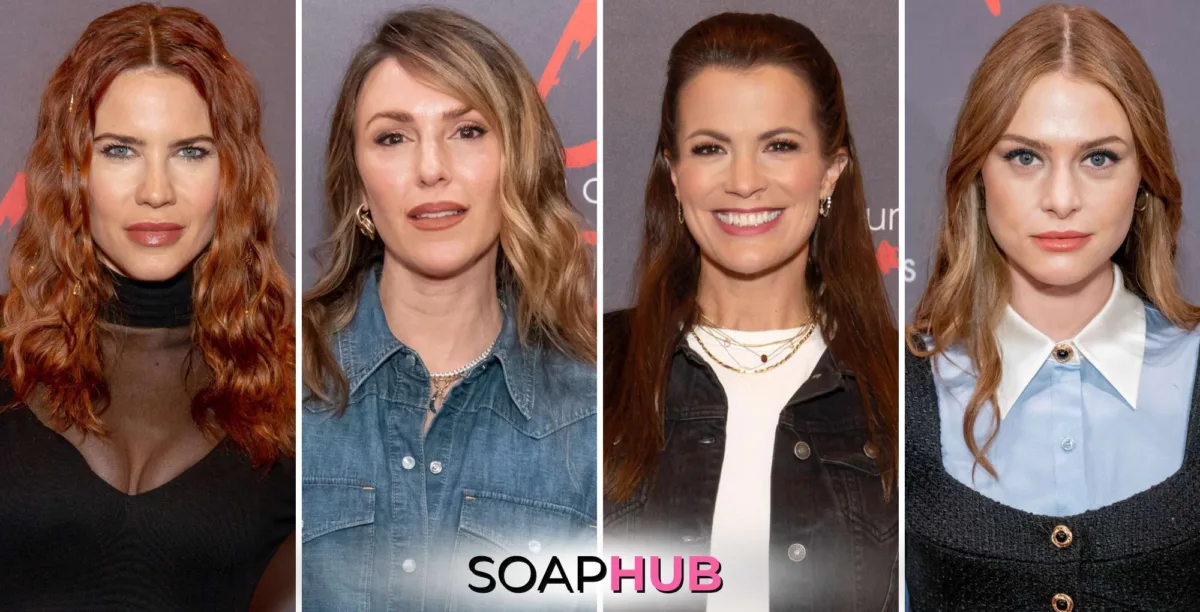 The Young and the Restless Courtney Hope, Elizabeth Hendrickson, Melissa Claire Egan, and Hayley Erin with the Soap Hub logo.