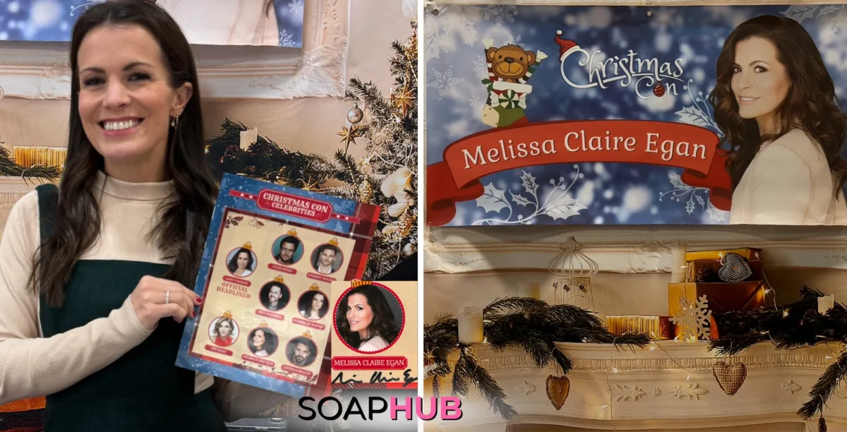 The Young and the Restless Melissa Claire Egan at Christmas Con with the Soap Hub logo.