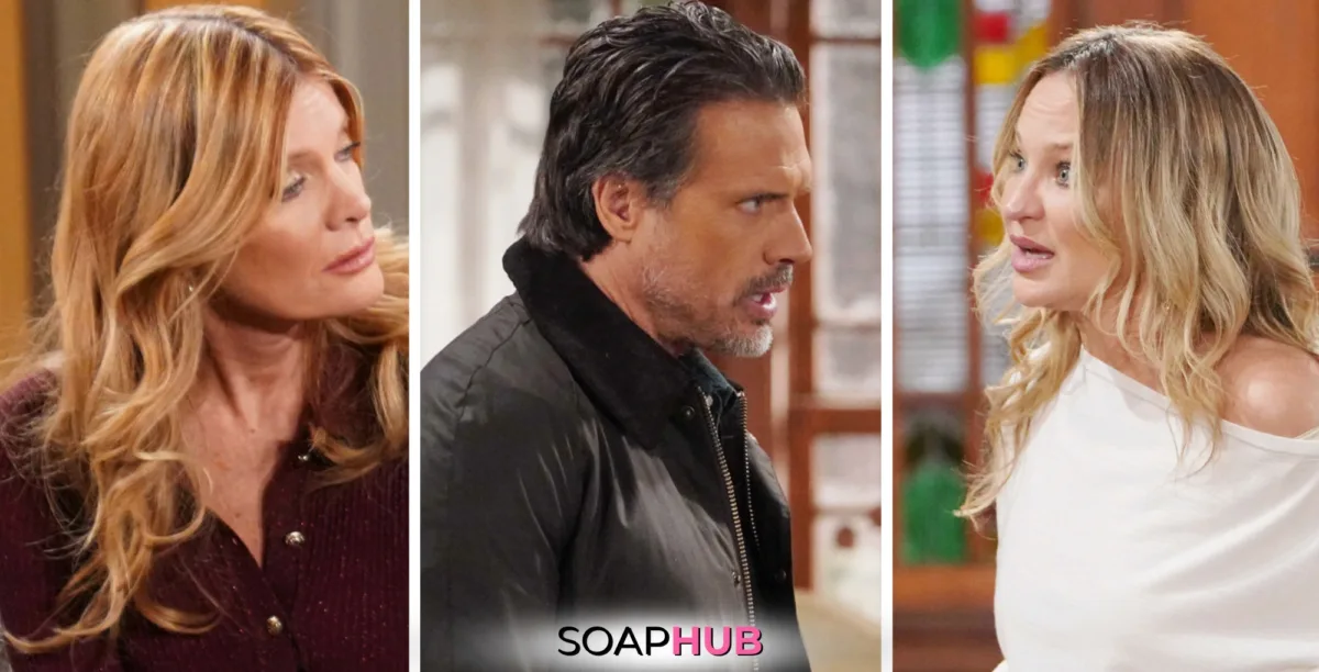 Young and the Restless Spoilers December 19 Phyllis, Sharon, and Nick with the Soap Hub logo.