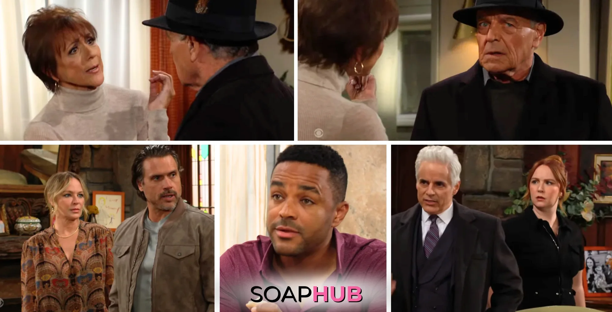 The Young and the Restless characters Jordan, Ian, Sharon, Nick, Nate, Michael, and Mariah; with the Soap Hub logo.