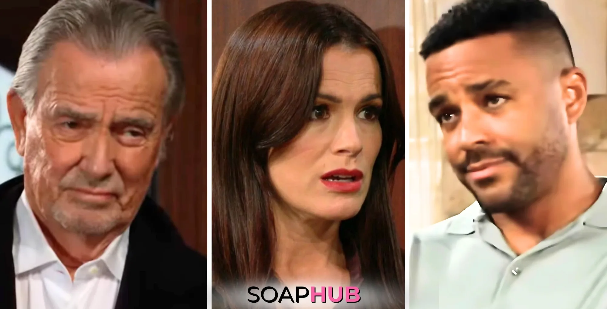 Young and the Restless Spoilers Weekly Update December 23-27 Victor, Chelsea, and Nate with the Soap Hub logo.