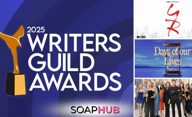 2025 Writers Guild Awards The Young and the Restless, Days of our Lives, General Hospital key art with the Soap Hub logo.