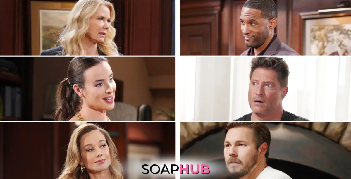 The Bold and the Beautiful characters Brooke, Carter, Ivy, Deacon, Donna, and Liam; with the Soap Hub logo.