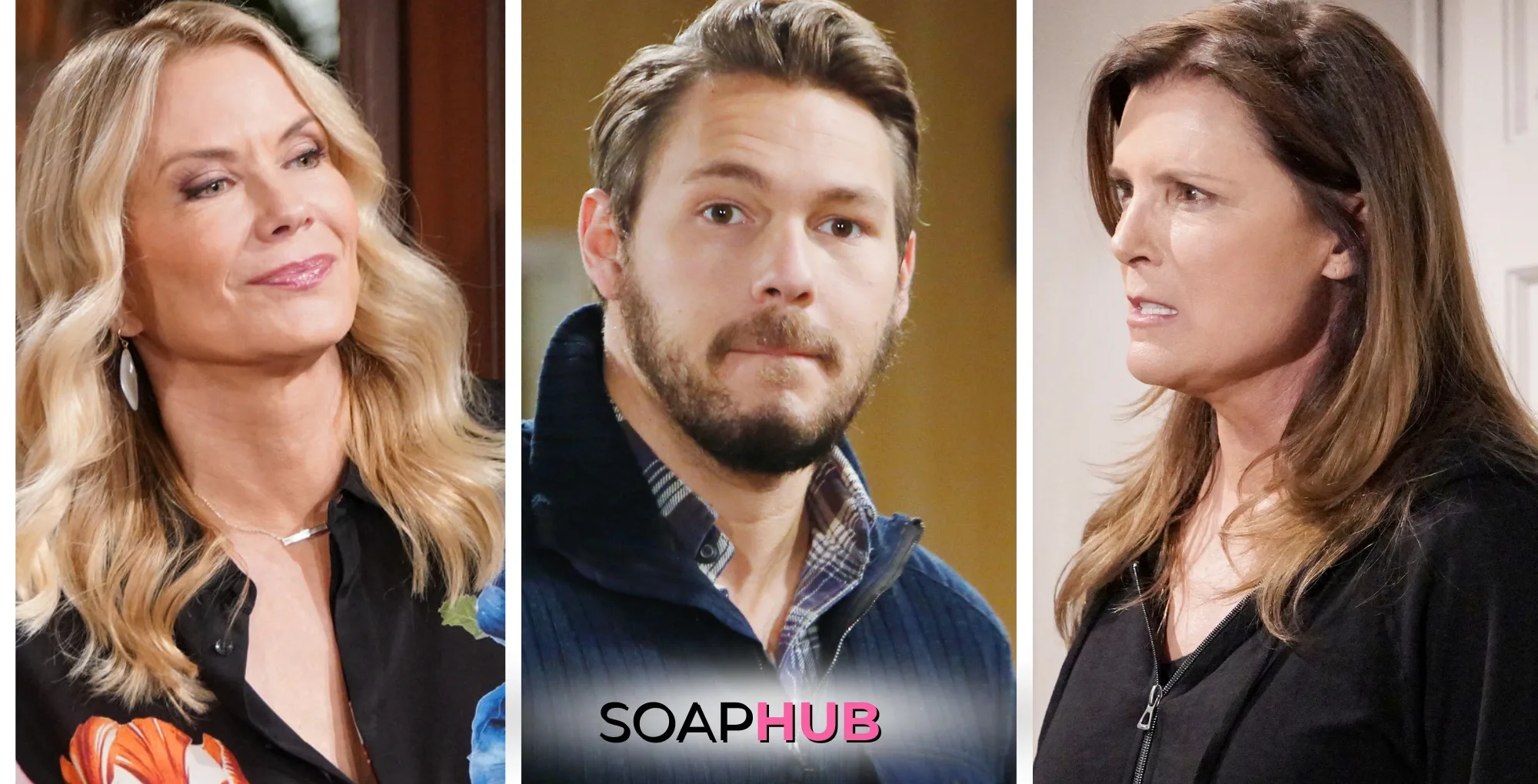 The Bold and the Beautiful characters Brooke, Liam, and Sheila; with the Soap Hub logo.