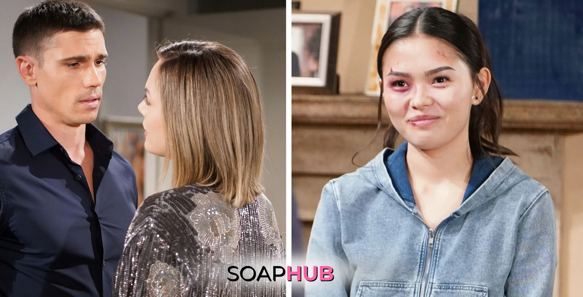 Bold and the Beautiful Finn, Hope, and Luna with the Soap Hub logo.