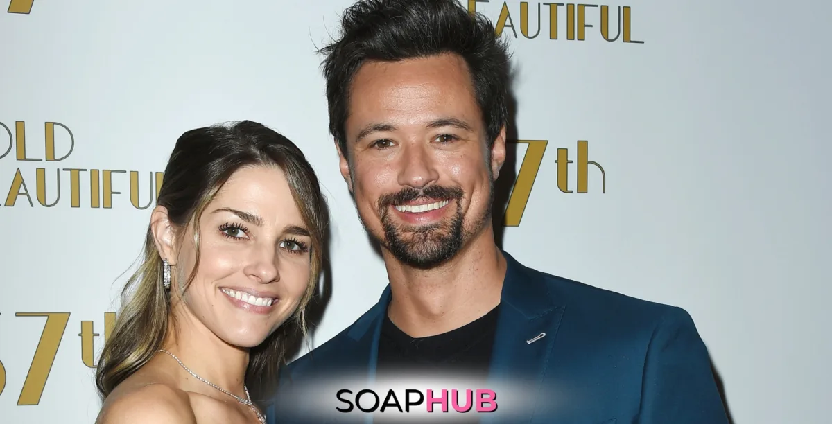 The Bold and the Beautiful's Matthew Atkinson and wife Brytnee with the Soap Hub logo across the bottom.