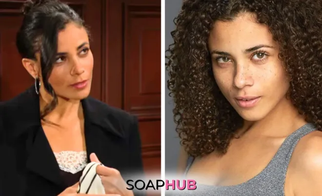 Bold and the Beautiful Murielle Hilaire and Daphne Rose with the Soap Hub logo.