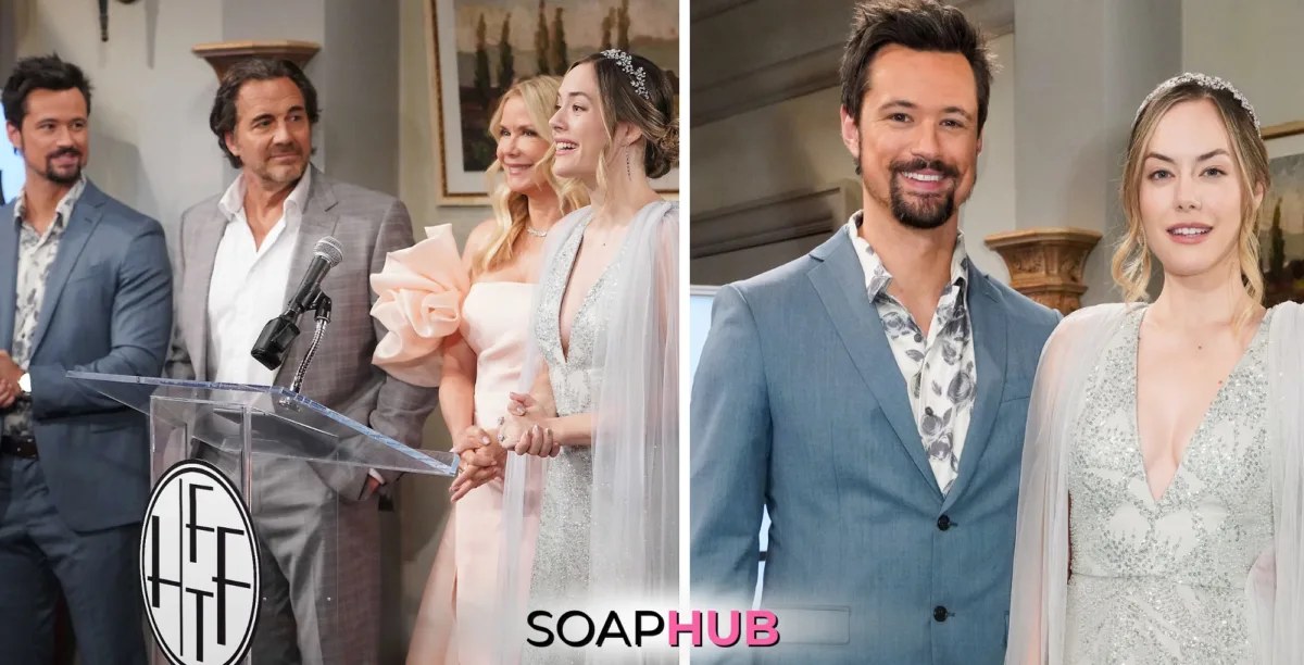 Bold and the Beautiful Thomas and Hope with the Soap Hub logo.