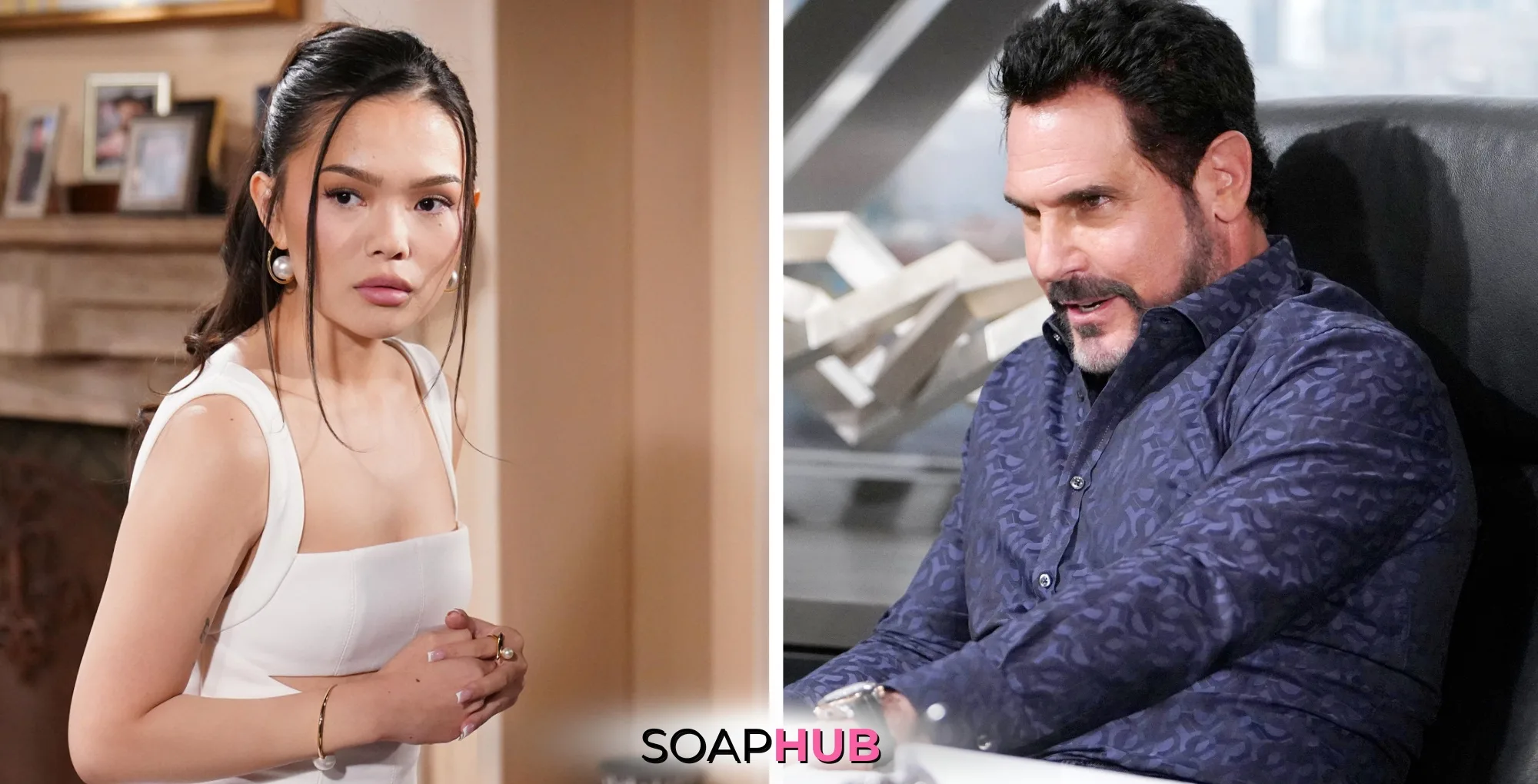 Bold and the Beautiful Spoilers for Monday, January 6, Episode 9436 Feature Luna and Bill With the Soap Hub Logo Across the Bottom.