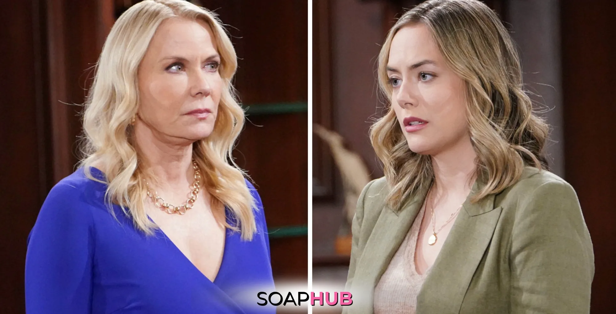 Bold and the Beautiful Spoilers for Thursday, January 9, Episode 9439 Feature Brooke and Hope with the Soap Hub Logo Across the Bottom.