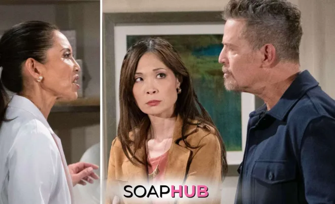 Bold and the Beautiful Spoilers January 21: Li, Jack, and Poppy with the Soap Hub logo.