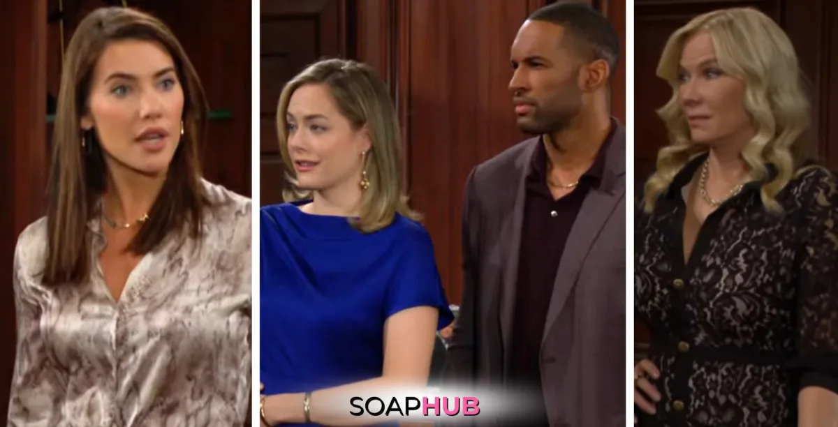 Bold and the Beautiful Spoilers for Monday, January 13, Episode 9441 Feature Steffy, Hope, Carter and Brooke with the Soap Hub Logo Across the Bottom.