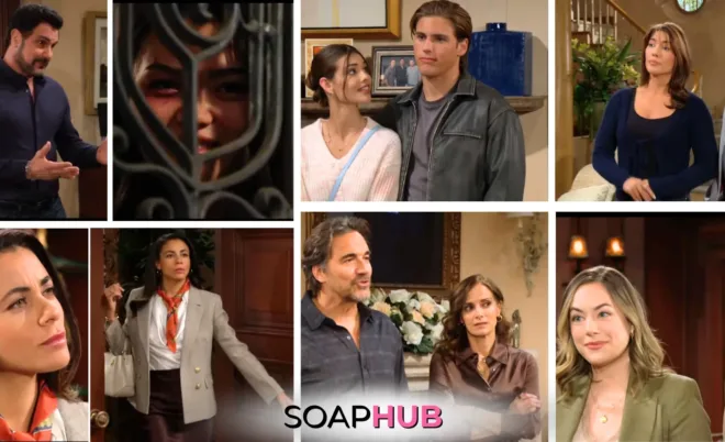 The Bold and the Beautiful characters Bill, Luna, Electra, Will, Steffy, Eric, Daphne, Ridge, Taylor, Hope, and Carter; with the Soap Hub logo.