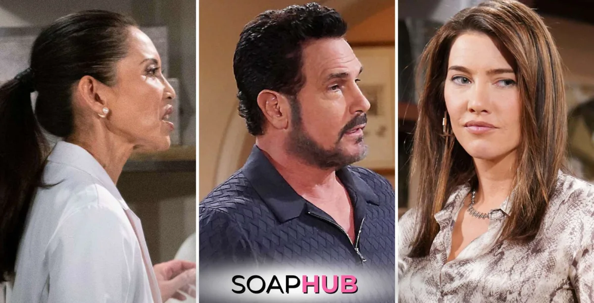 The Bold and the Beautiful spoilers weekly update January 20-24 Li, Bill, and Steffy with the Soap Hub logo.