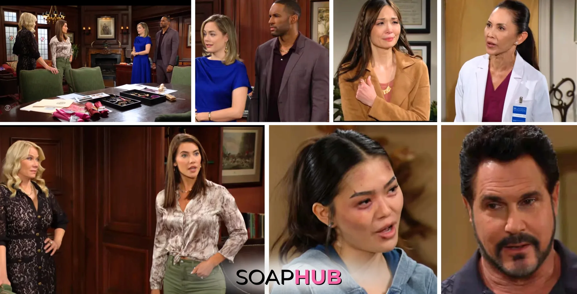 The Bold and the Beautiful characters Brooke, Steffy, Hope, Carter, Poppy, Li, Luna, and Bill; with the Soap Hub logo.