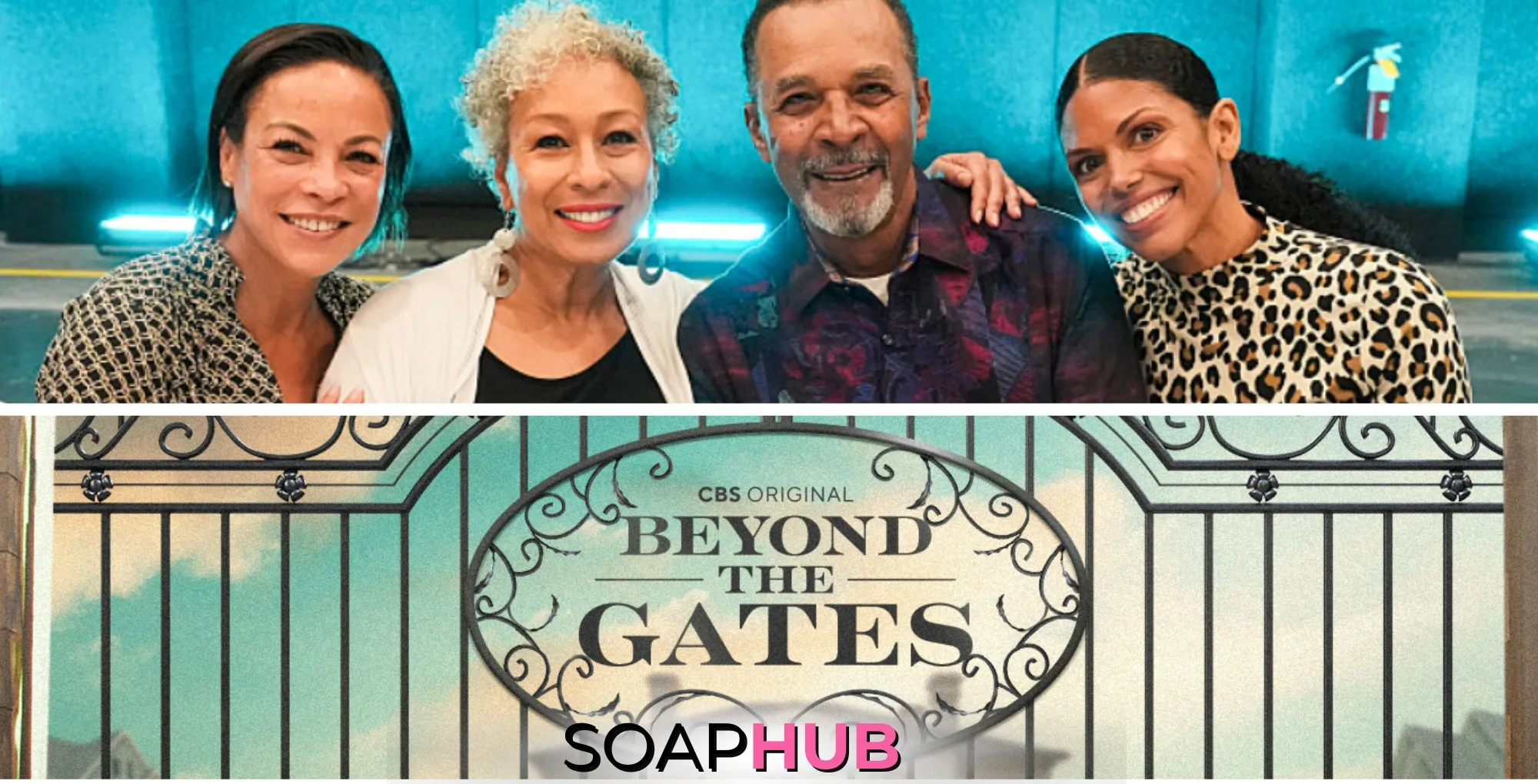 Daphnee Duplaix, Tamara Tunie, Cifton Davis, and Karla Mosley of Beyond the Gates, with BTG Key art, and Soap Hub logo