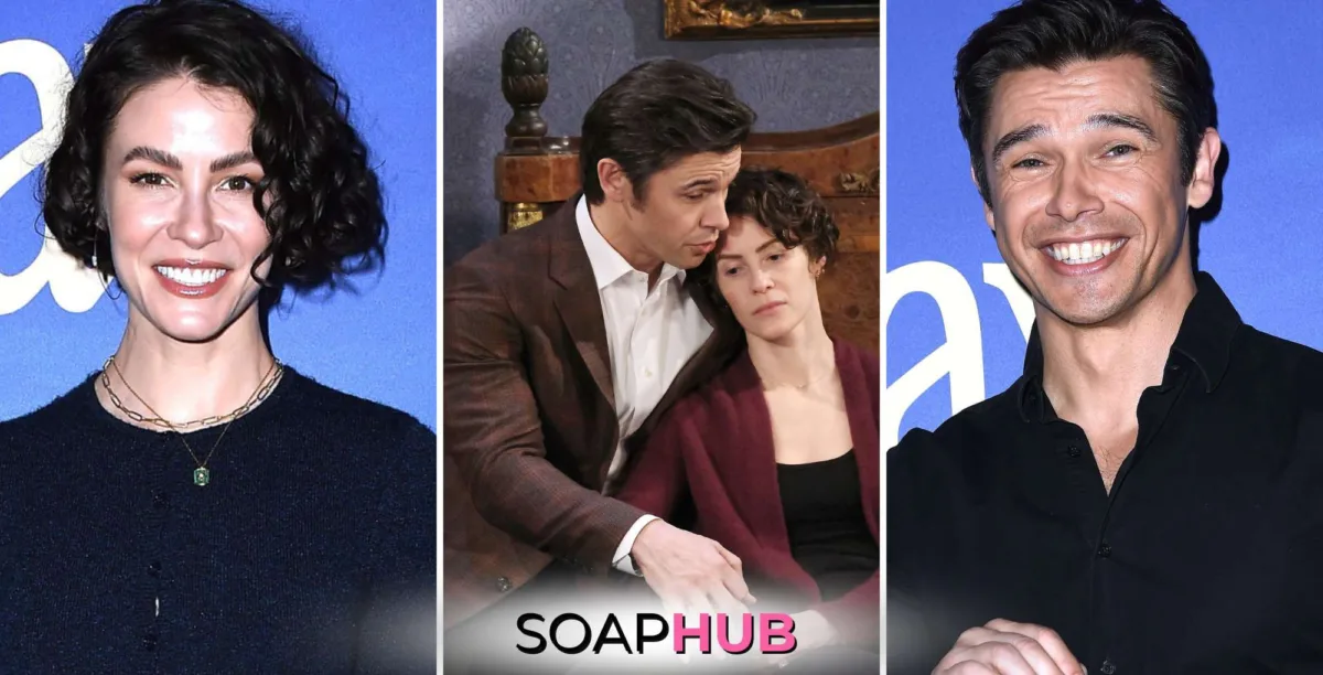 Days of our Lives Linsey Godfrey, Xander and Sarah, and Paul Telfer with the Soap Hub logo.