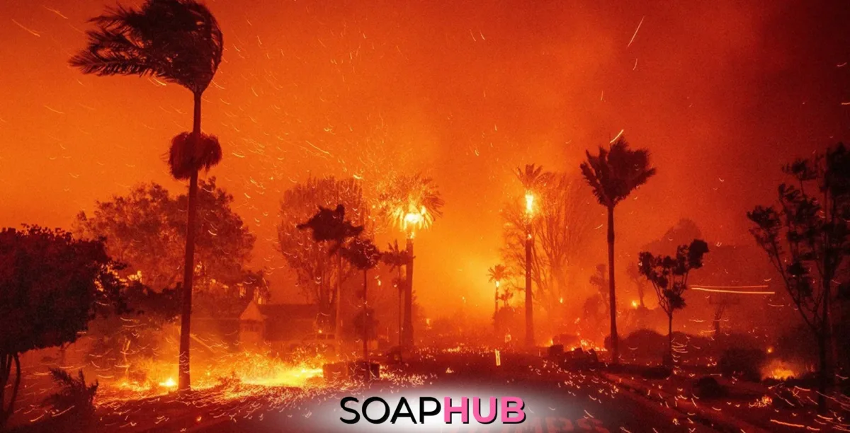 Los Angeles wildfires with the Soap Hub logo.