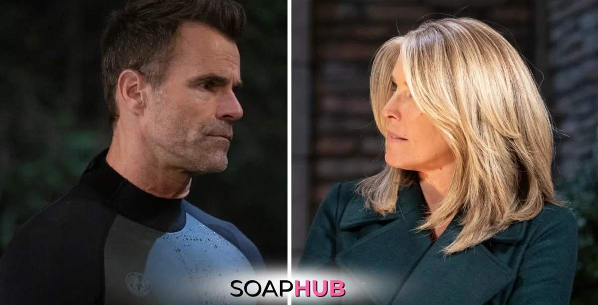 Drew interrupts Carly in the spoilers for the Thursday, January 9 episode of General Hospital, with Soap Hub Logo.