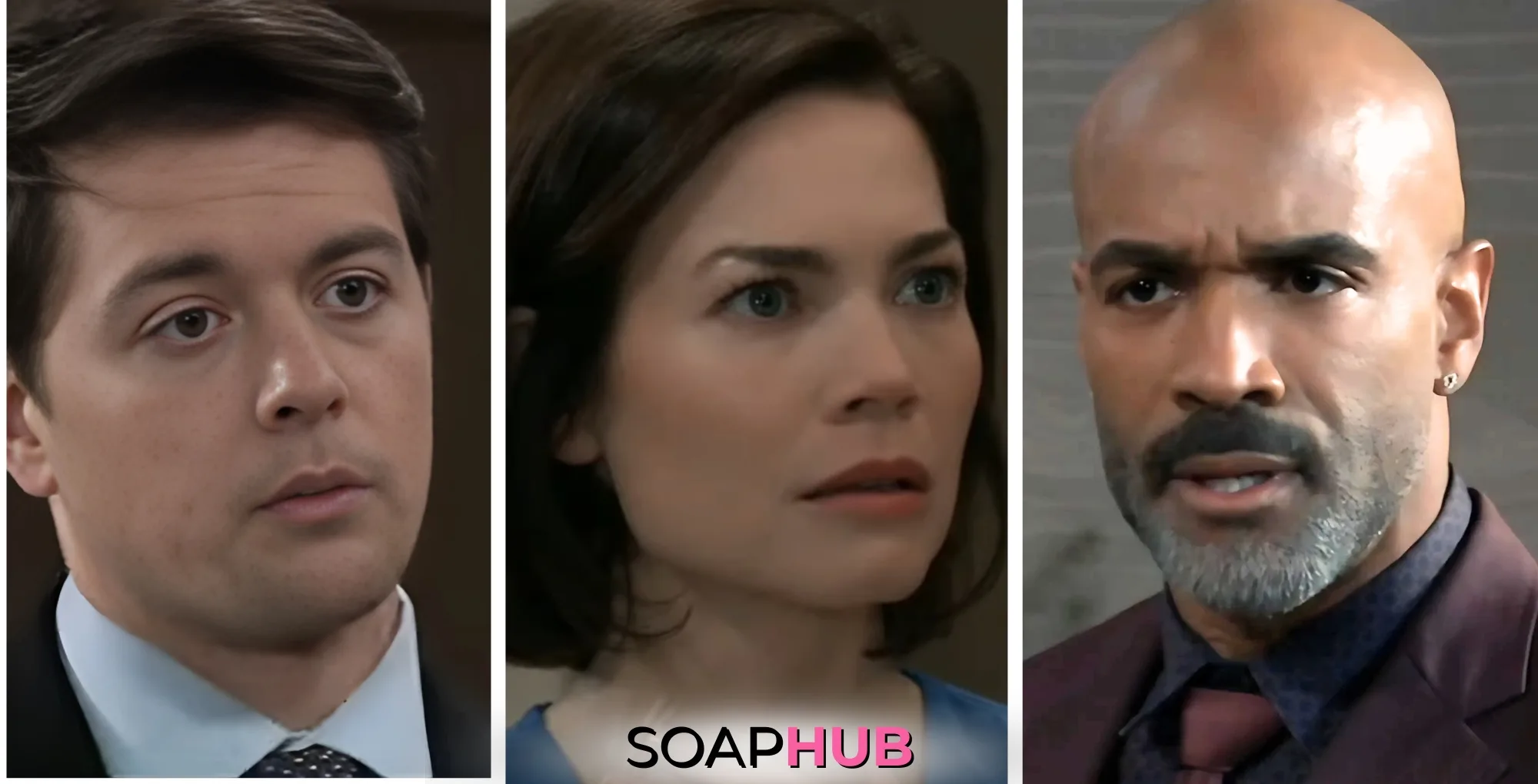 Michael, Elizabeth, and Curtis on General Hospital with the Soap Hub logo across the bottom.