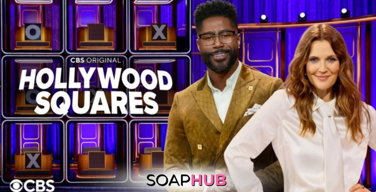 Hollywood Squares Nate Burleson and Drew Barrymore with the Soap Hub logo.