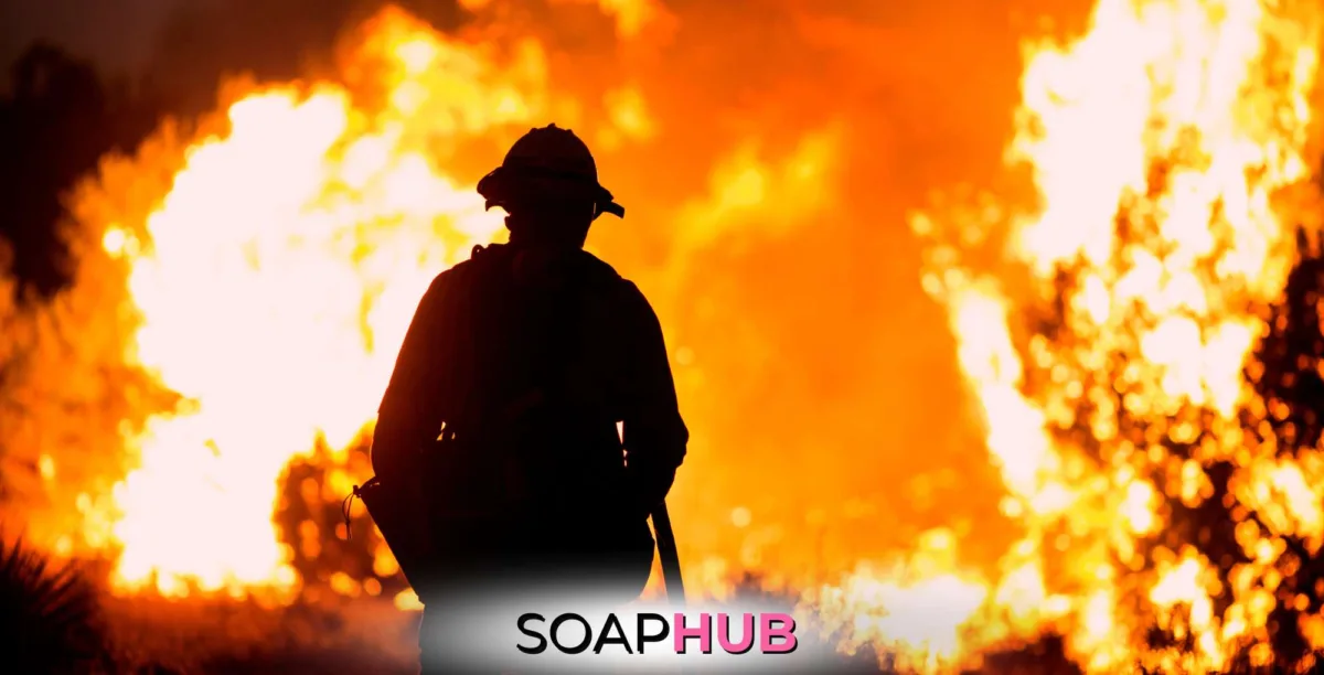 Firefighter fighting a fire with the Soap Hub logo.