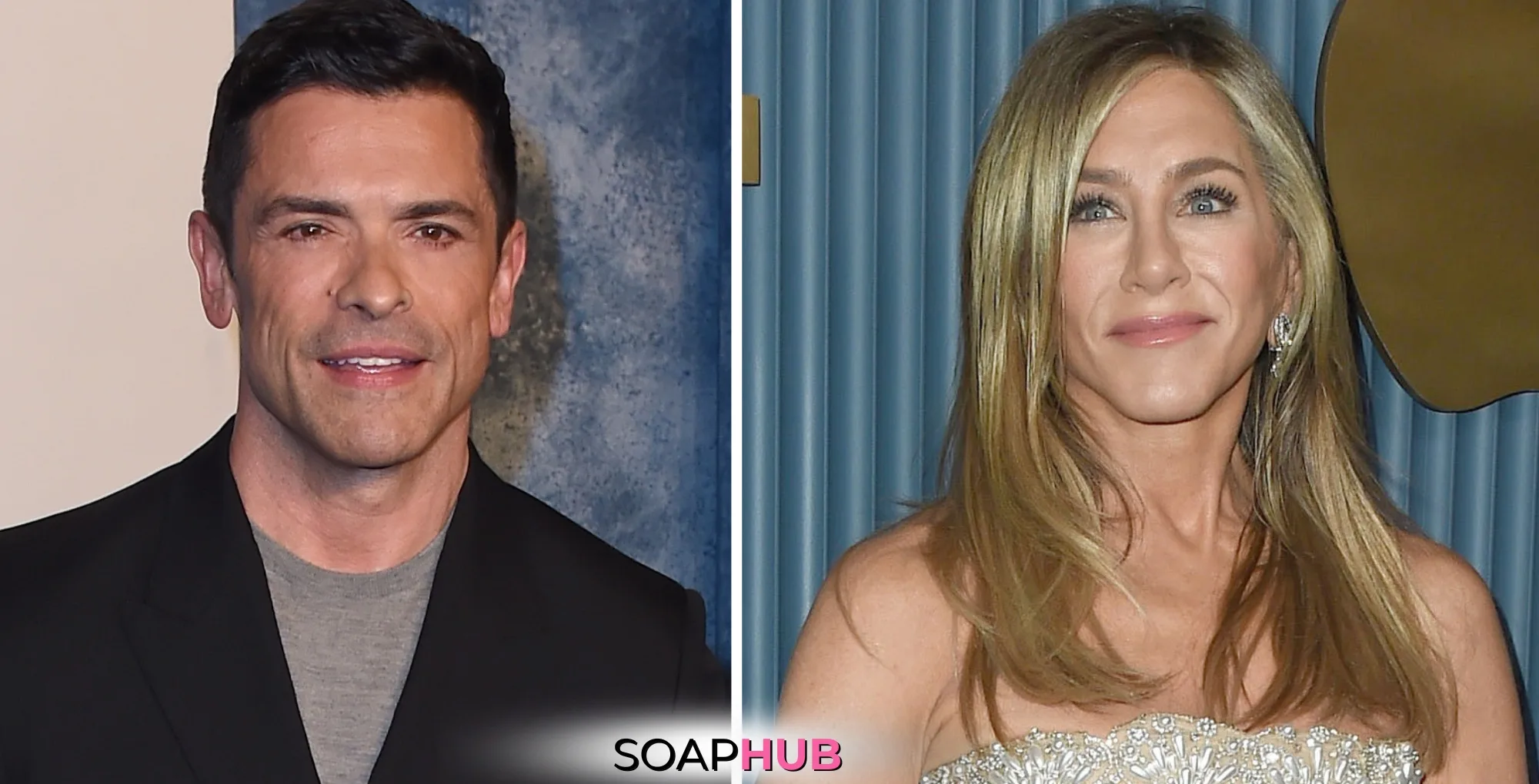 Mark Consuelos and Jennifer Aniston with the Soap Hub logo.