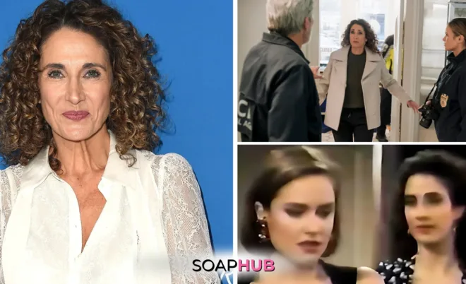 Guiding Light alum Melina Kanakaredes guest stars on NCIS, with Soap Hub logo.