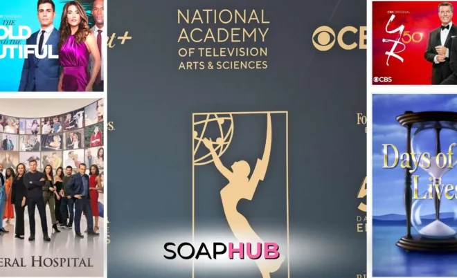 The Bold and the Beautiful, General Hospital, The Young and the Restless, Days of our Lives keyart with the Daytime Emmy logo and the Soap Hub logo.