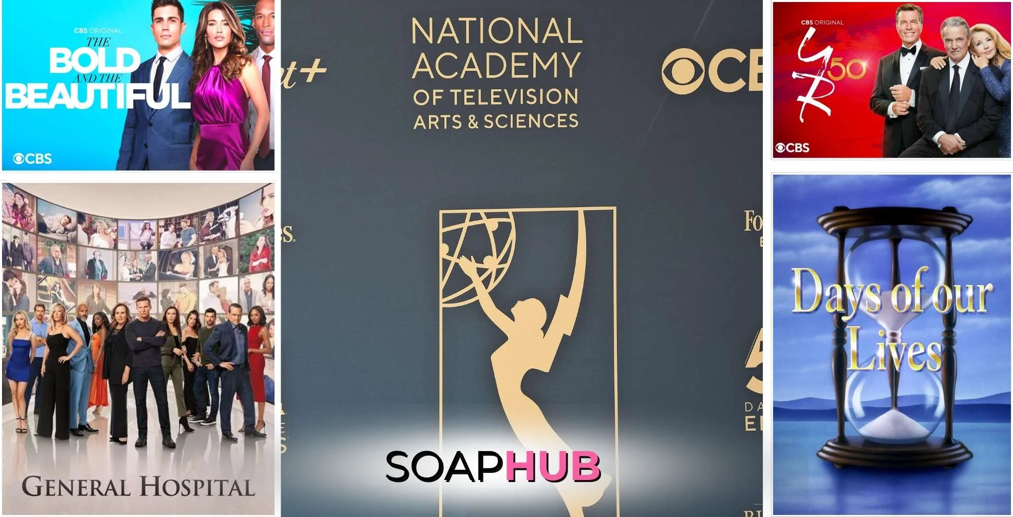 The Bold and the Beautiful, General Hospital, The Young and the Restless, Days of our Lives keyart with the Daytime Emmy logo and the Soap Hub logo.