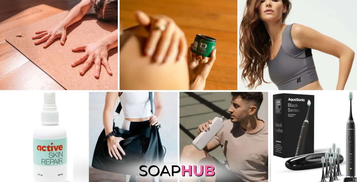 New Year Resolutions 42 Birds, Treefrog, Forme, Active Skin Repair, Aruna Duffel, Memo Bottle, Aquasonic black series toothbrush, with the Soap Hub logo.