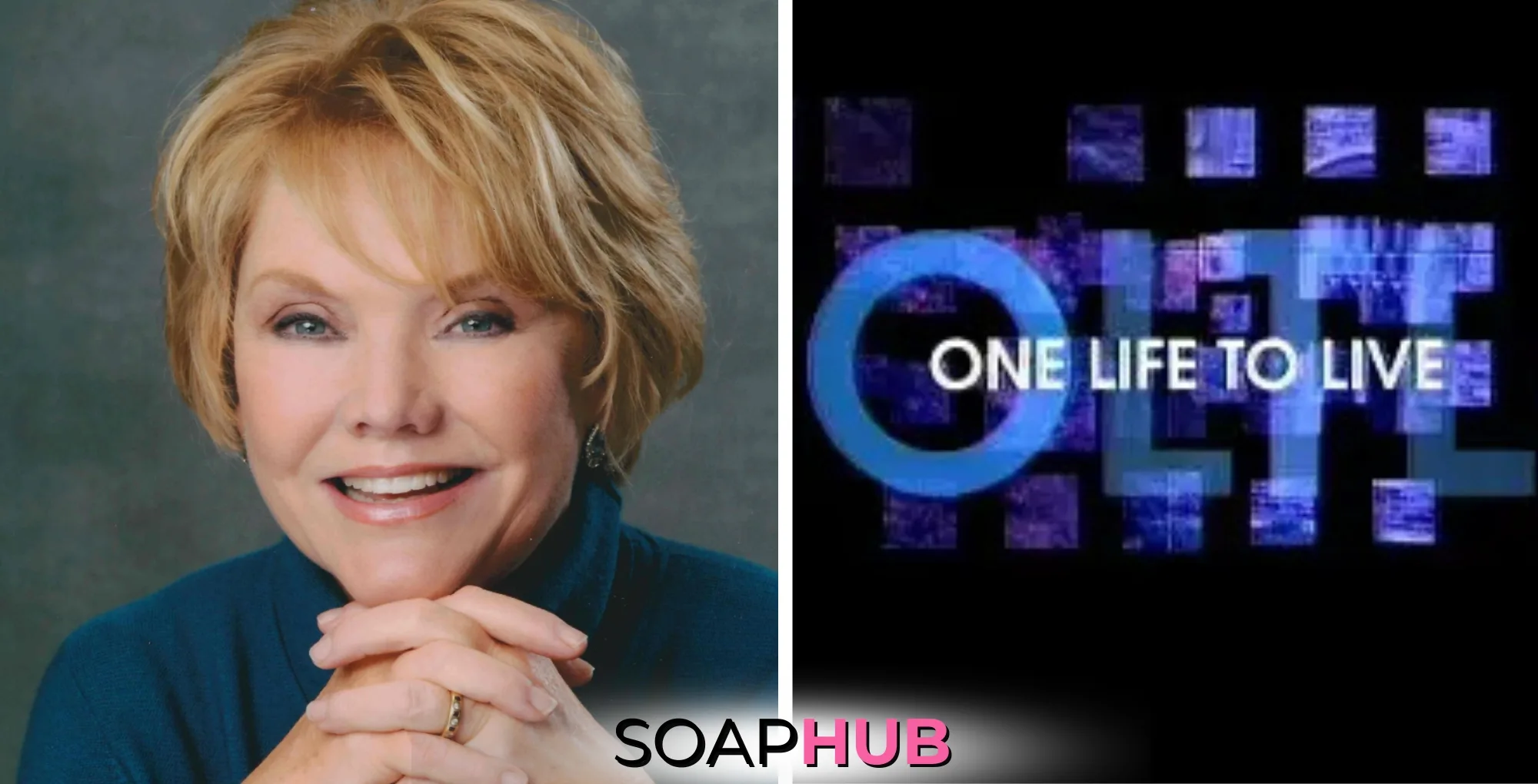 One Life To Live alum Erika Slezak with the Soap Hub logo.