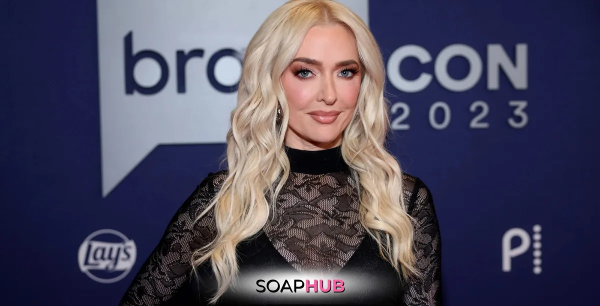 Real Housewives of Beverly Hills Erika Jayne with the Soap Hub logo.