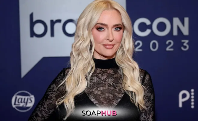 Real Housewives of Beverly Hills Erika Jayne with the Soap Hub logo.