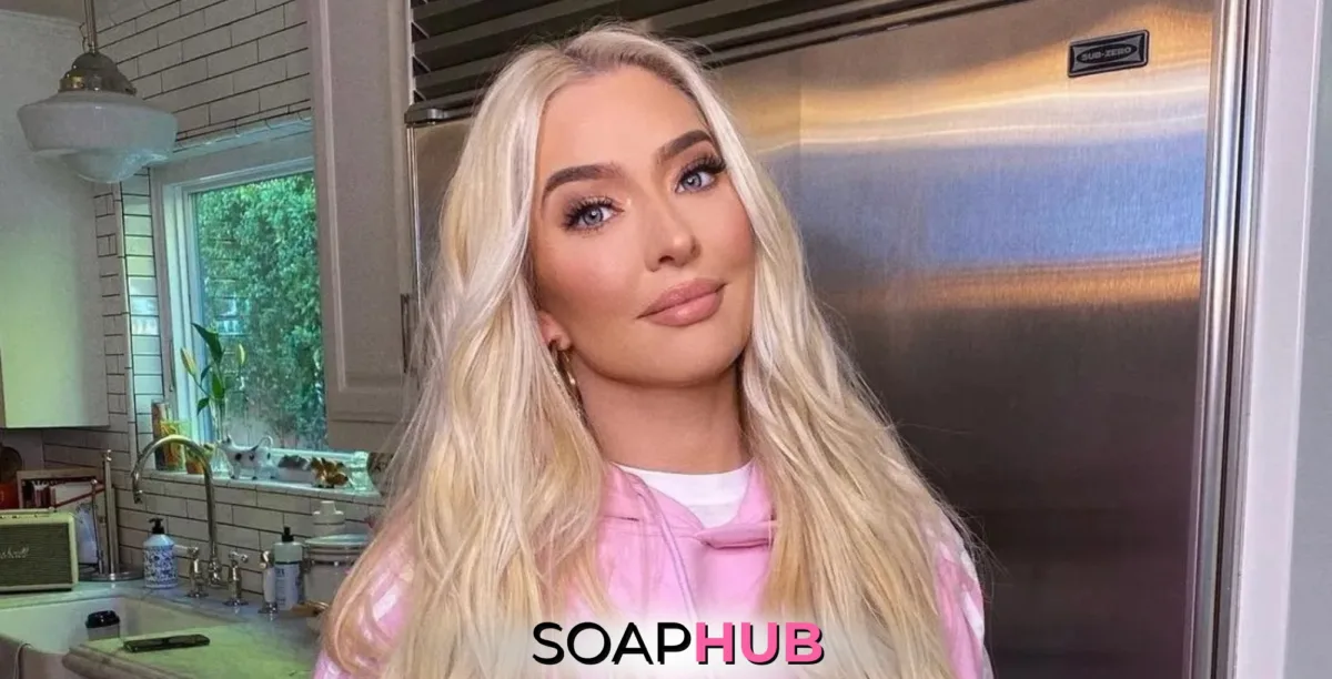 Real Housewives of Beverly Hills Erika Jayne with the Soap Hub logo.