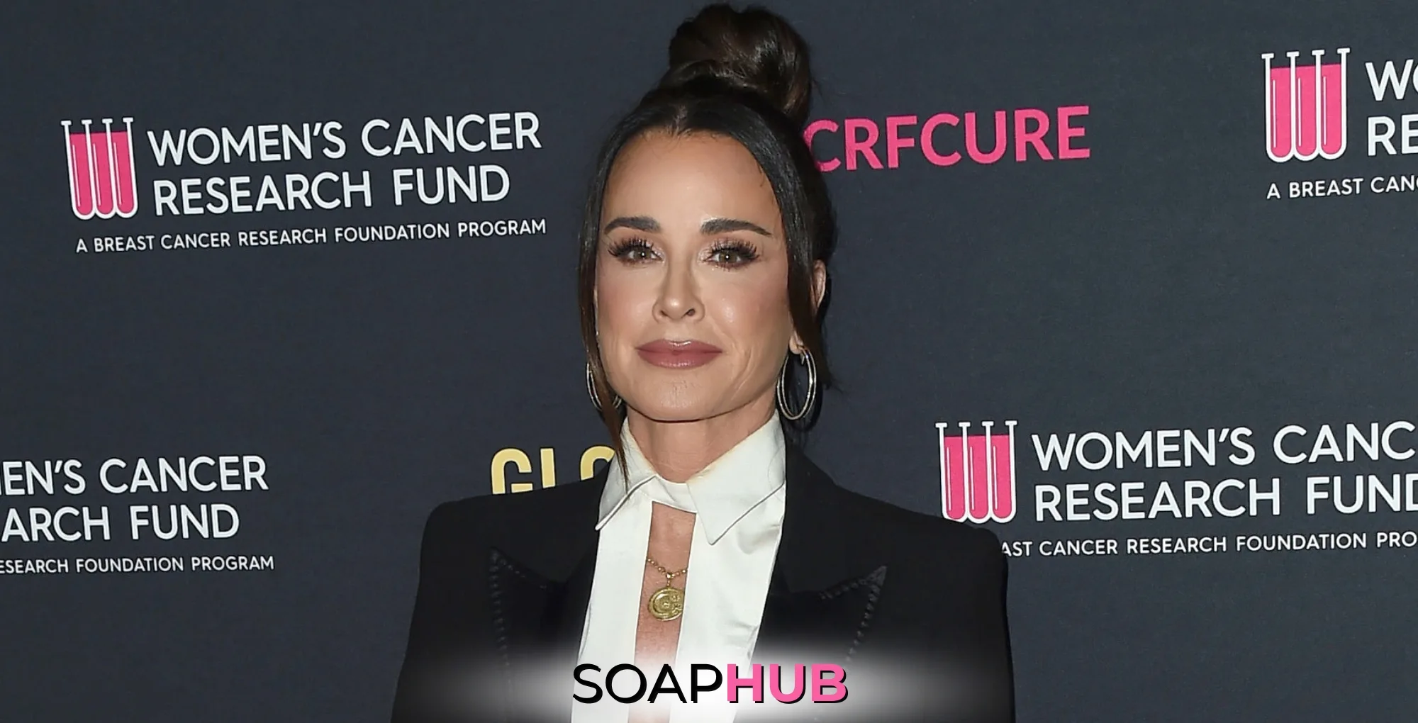 Real Housewives of Beverly Hills Kyle Richards with the Soap Hub logo.