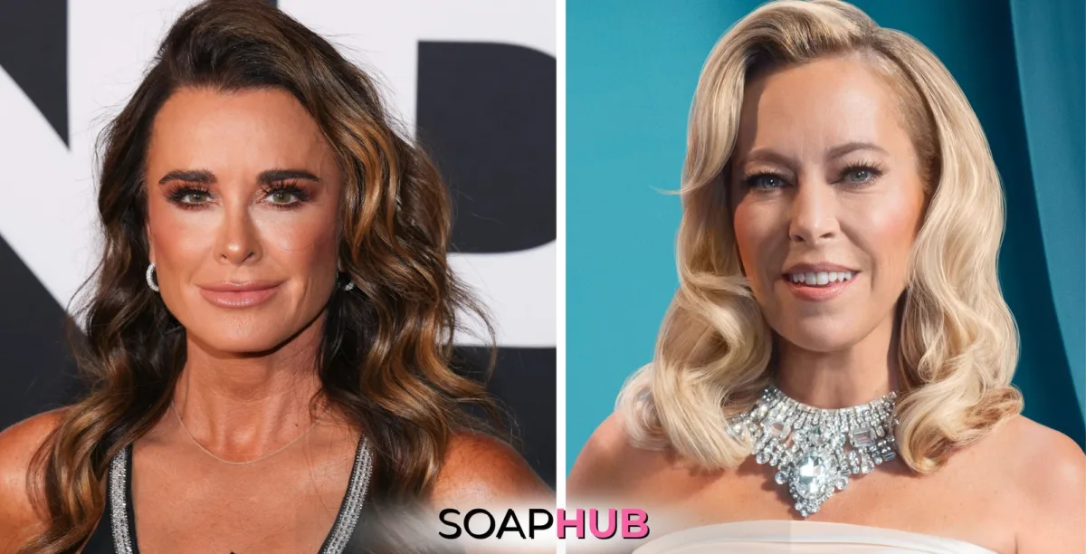 Real Housewives of Beverly Hills Kyle Richards and Sutton Stracke with the Soap Hub logo.