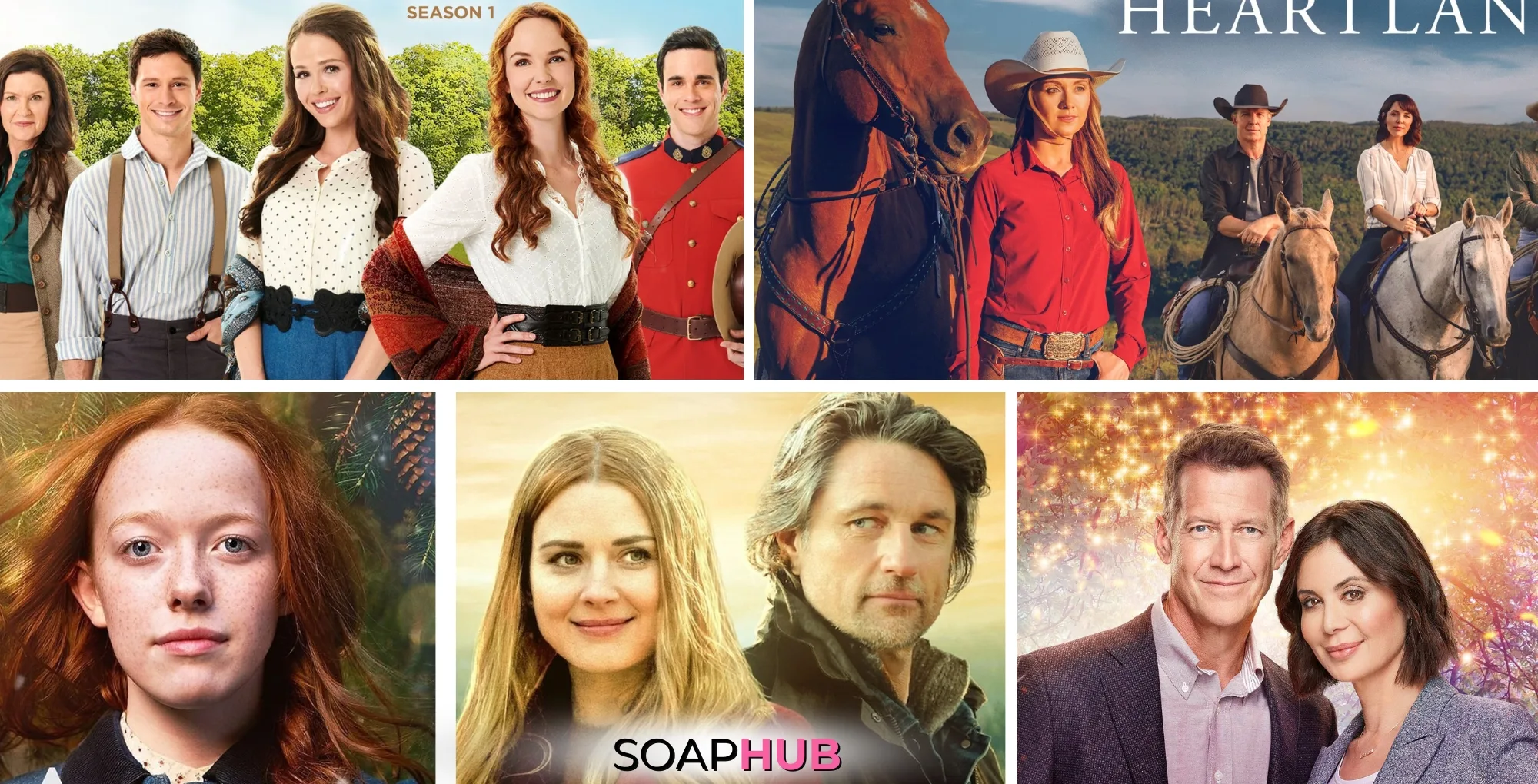 When Hope Calls, Heartland, Anne with an E, Good Witch, and Virgin River with the Soap Hub logo.